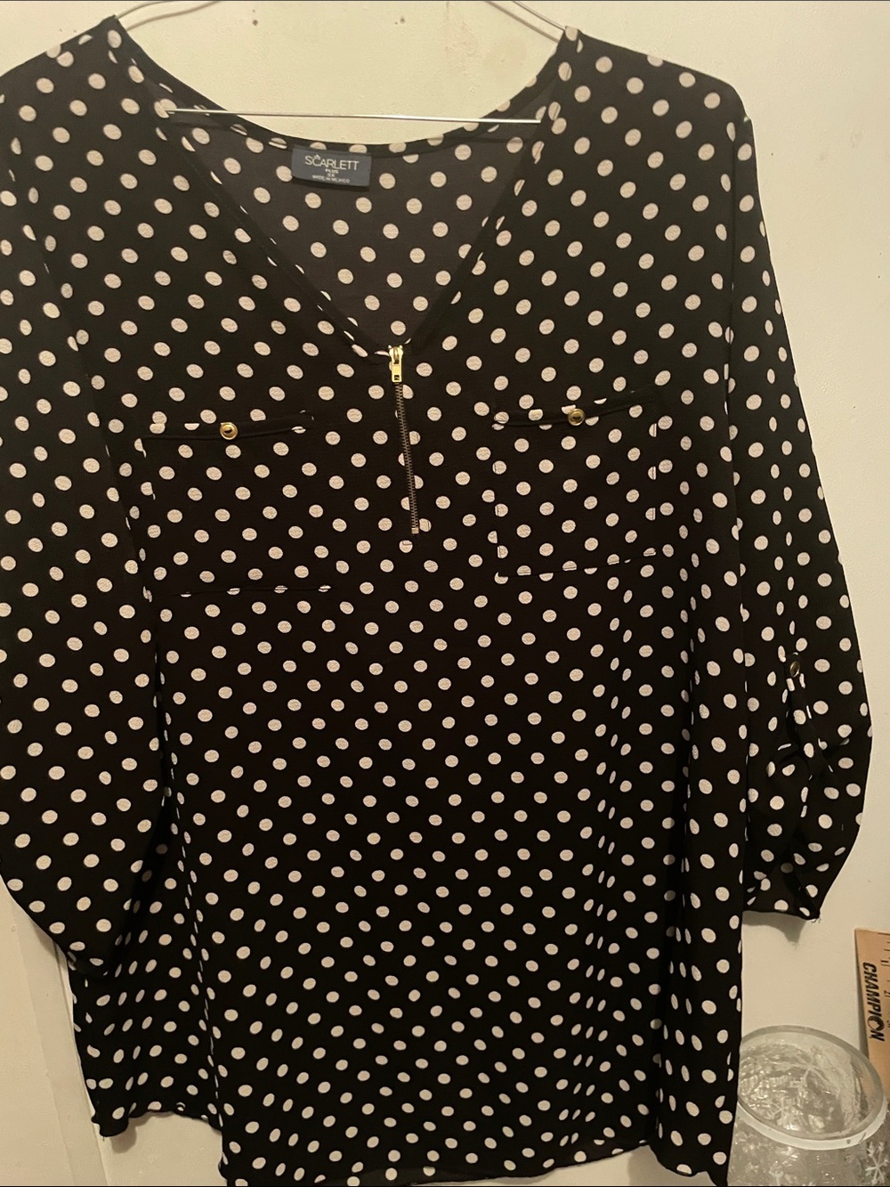 Scarlett Black Polka Dot Zip-Front Blouse